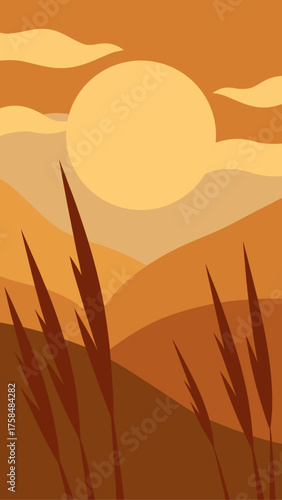 Landscape with sun clouds and grass in brown tones