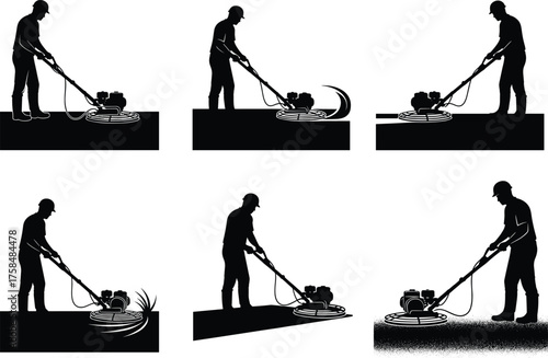 Construction worker silhouette, power trowel machine operation, concrete finishing technique, industrial equipment, building site labor, vector illustration, black and white graphic