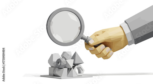 Conceptual low poly illustration of a hand holding a magnifying glass over abstract shapes, representing business analysis, research, and detailed examination