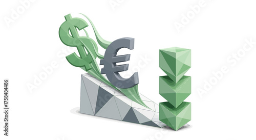 Financial downturn illustrated by falling currency symbols and geometric shapes indicating a downward trend