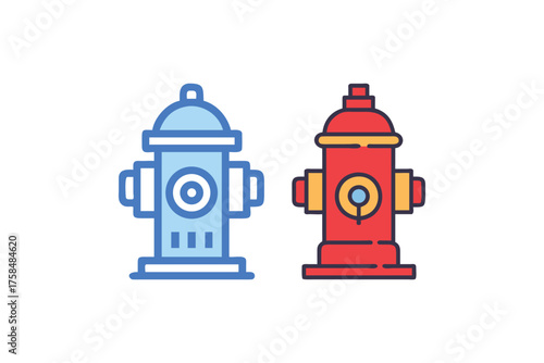 Two colorful fire hydrants one blue and one red are shown