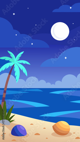 Nighttime beach scene with palm tree and moon light