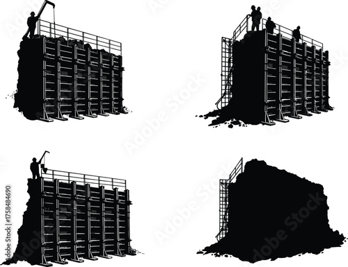 Construction workers pouring concrete into formwork, silhouette illustration of retaining wall building process, civil engineering site, industrial labor, vector art