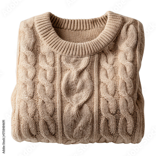 Cozy folded beige cable knit sweater with warm texture. This stylish autumn clothing brings feeling of comfort and warmth, isolated for fashion or retail concepts