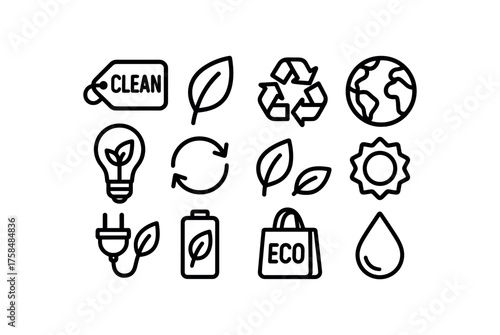 eco icon set with bold black outline style including clean label isolated on white background simple shadows minimal details clean vector look