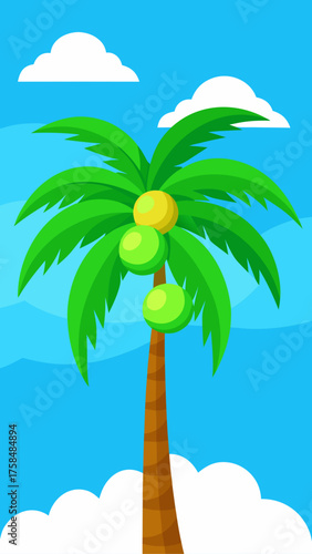 A cartoon palm tree with coconuts and a cloudy sky
