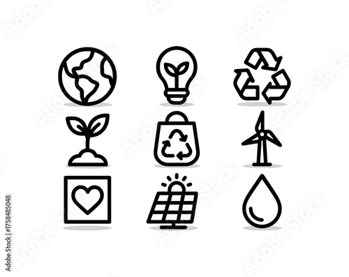 eco icon set with bold black outline style including sustainable isolated on white background simple shadows minimal details clean vector look