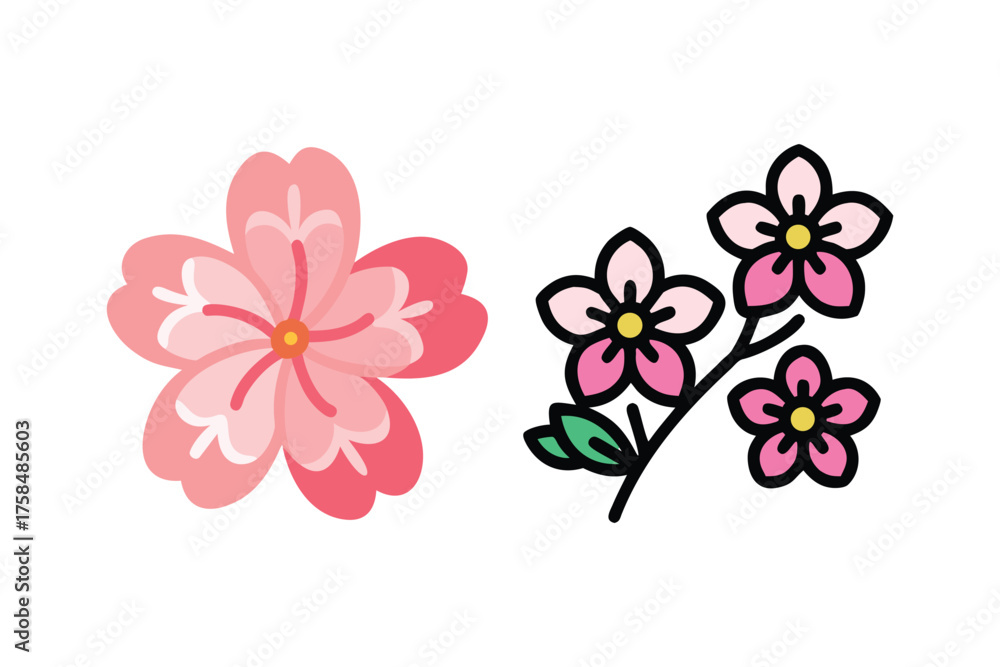 Fototapeta premium Simple illustration of pink cherry blossoms and small floral clusters