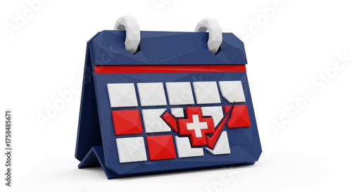 3D medical calendar icon for scheduling doctor appointments and health checkups. Healthcare planner and reminder concept for clinic visits, isolated on white