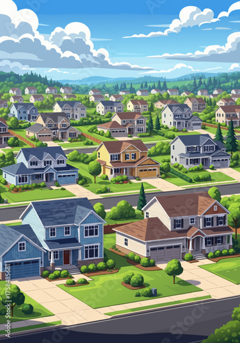 Picturesque suburban landscape with charming family houses, pristine green yards, and rolling hills in a detailed vector illustration