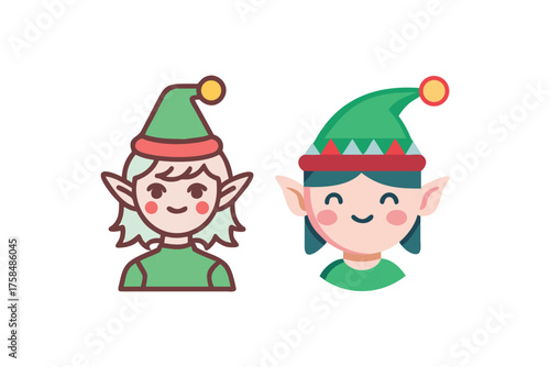 Two cheerful cartoon elf faces with green hats and rosy cheeks