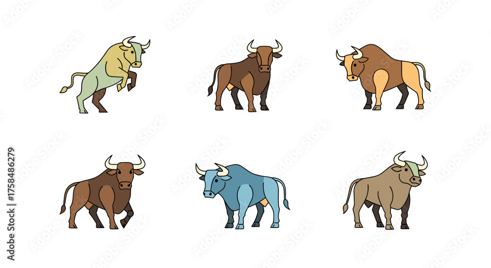 Obraz premium Bull animal set in various colors with transparent background