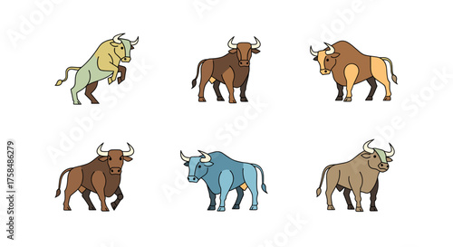 Bull animal set in various colors with transparent background
