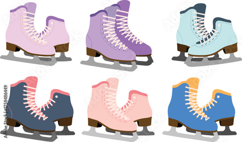 Colorful collection of ice skates in different styles and shades representing winter sports, skating hobby, fashion, and seasonal recreation.