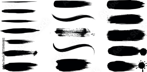 Collection of black paint brush strokes and splatters grunge texture abstract art elements for creative design