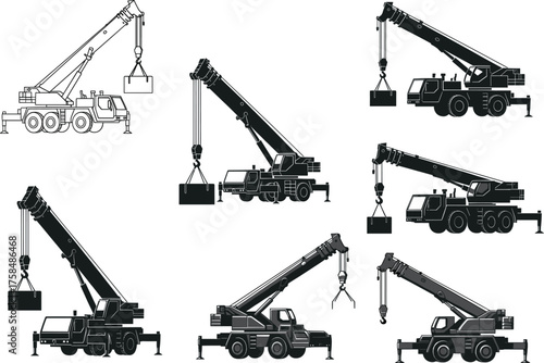Mobile crane vector set, construction equipment illustration, heavy lifting machinery, silhouette and detailed style, industrial transport, engineering vehicle graphics