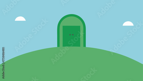 Green hill with a green door under a blue sky day