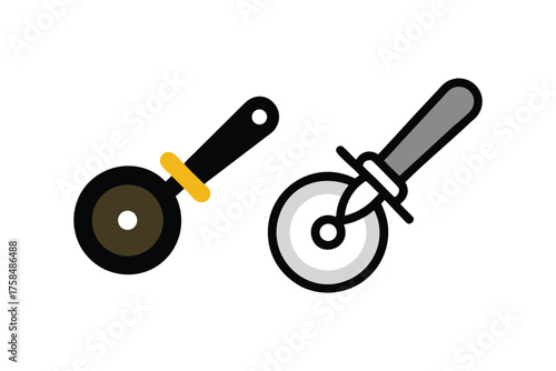 Simple illustration of a frying pan and a pizza cutter tool