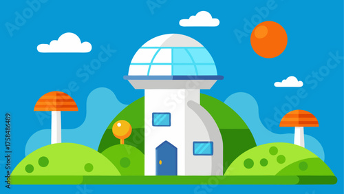 Illustration of a futuristic house on a green hill