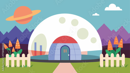 Cartoon dome house with planet and mountain scenery