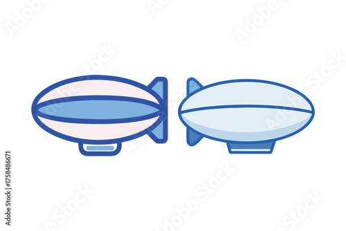 Two simple blue and white airships floating in a minimalist style