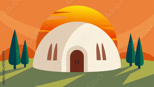 Illustration of a dome house at sunset with trees