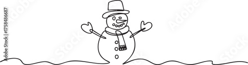 Continuous one line drawing of a snowman wearing a hat and scarf symbolizing festive winter season in minimalist holiday outline art style