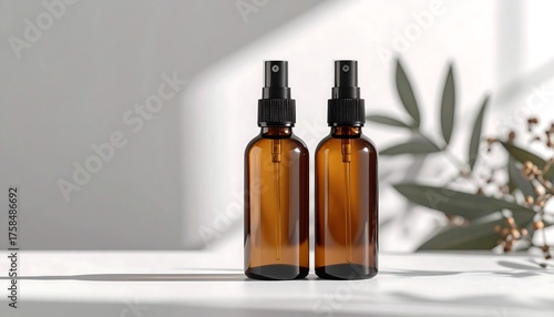 Two amber glass spray bottles on white surface