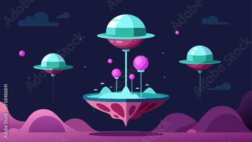 Illustration of alien landscape with ufo and planet