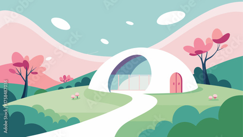 Dome house in a pastel landscape with cherry trees