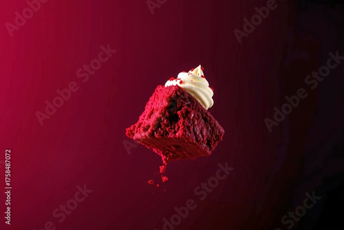 Luxury dessert shot of red velvet cake in motion, showcasing creamy frosting and bold color contrast.