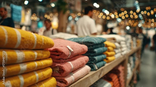 Cozy blankets in a vibrant home decor store filled with warm lighting and textile beauty, perfect for comfort and style enhancement in modern interiors
