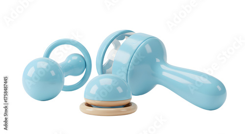 BABY TOYS - Blue baby rattles on white background, infant toy set, newborn plaything, perfect for baby shower gifts and early development
