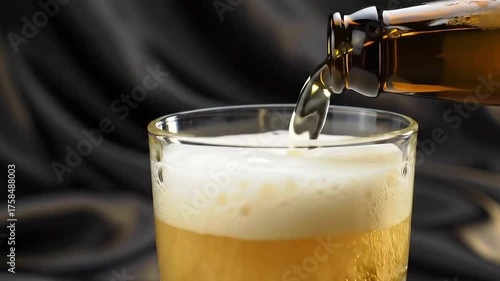Pouring fresh beer into a glass close up view footage