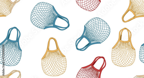 Reusable shopping bags made of mesh and colorful fabric.