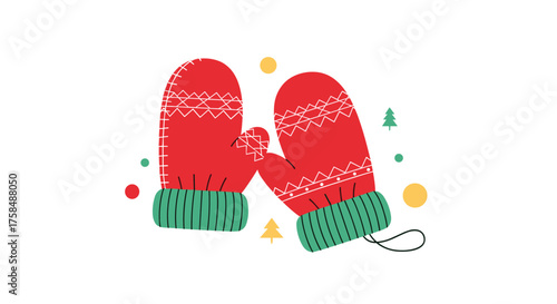 Cozy winter red mittens with festive pattern.