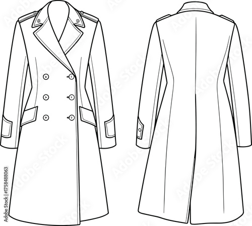 Cad drawing flat vector illustration, double-breasted overcoat front and back view, fashion sketch, coat template, garment design, technical drawing
