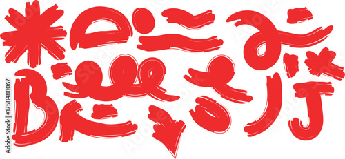 A collection of energetic red crayon-drawn shapes and doodles inspired by punk and rock art. Features waves arrows circles and crosses for a vibrant graphic feel.