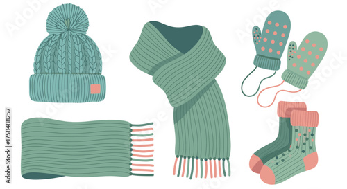 Warm winter knitwear collection with hat scarf mittens and socks.