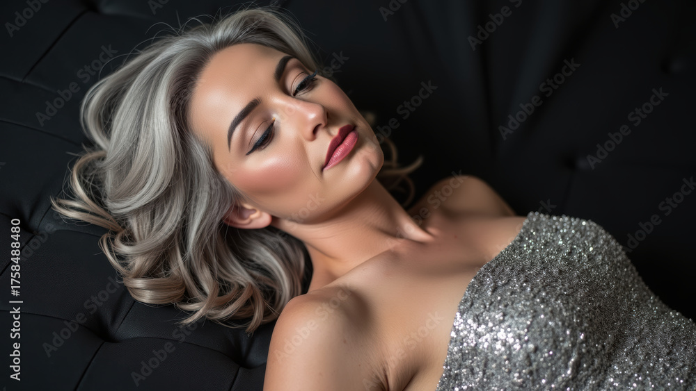Fototapeta premium Elegant woman with silver hair wearing sparkling dress, resting gracefully on black background, exuding serene and glamorous vibe