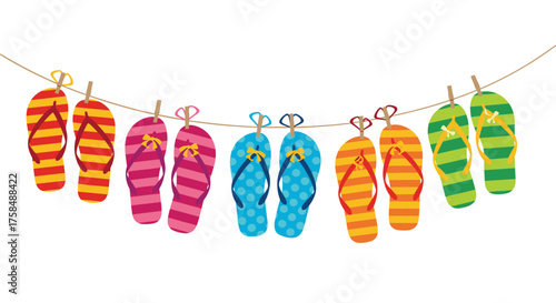 Colorful flip flops drying on a clothesline in the summer sun.