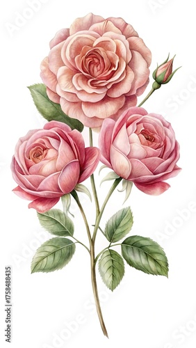 Watercolor floral arrangement of pink roses and greenery on white background