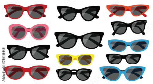 A collection of fashionable sunglasses with various colors and styles.