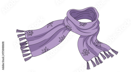 A beautiful purple scarf with tassels and a patterned design.
