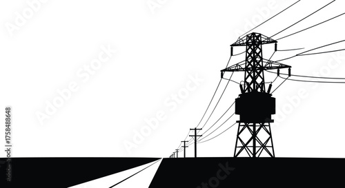 High voltage transmission tower with power lines along countryside road, electricity distribution infrastructure, energy supply network and industrial engineering concept vector illustration