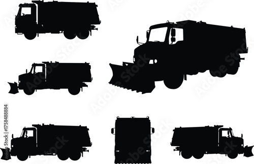 Snowplow truck silhouette vector set, winter road maintenance vehicle, black plow truck icon, snow removal equipment, seasonal transportation illustration