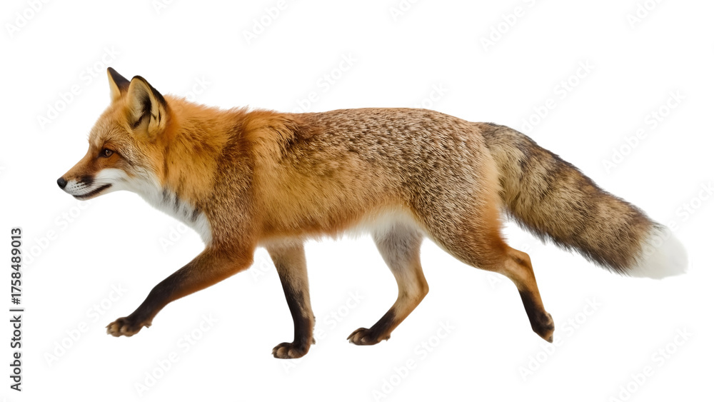 Obraz premium Fox in Motion: A magnificent red fox gracefully strides across a blank space, its fiery fur shimmering in the light, showcasing the sleek elegance of this wild creature.