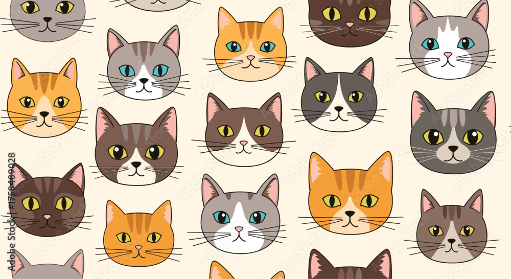 Fototapeta premium A vibrant pattern featuring an array of adorable cat faces.