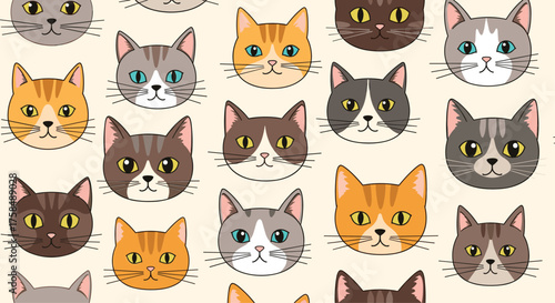A vibrant pattern featuring an array of adorable cat faces.