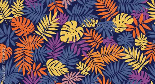 A vibrant tropical leaf pattern in an array of colors on a dark blue background.